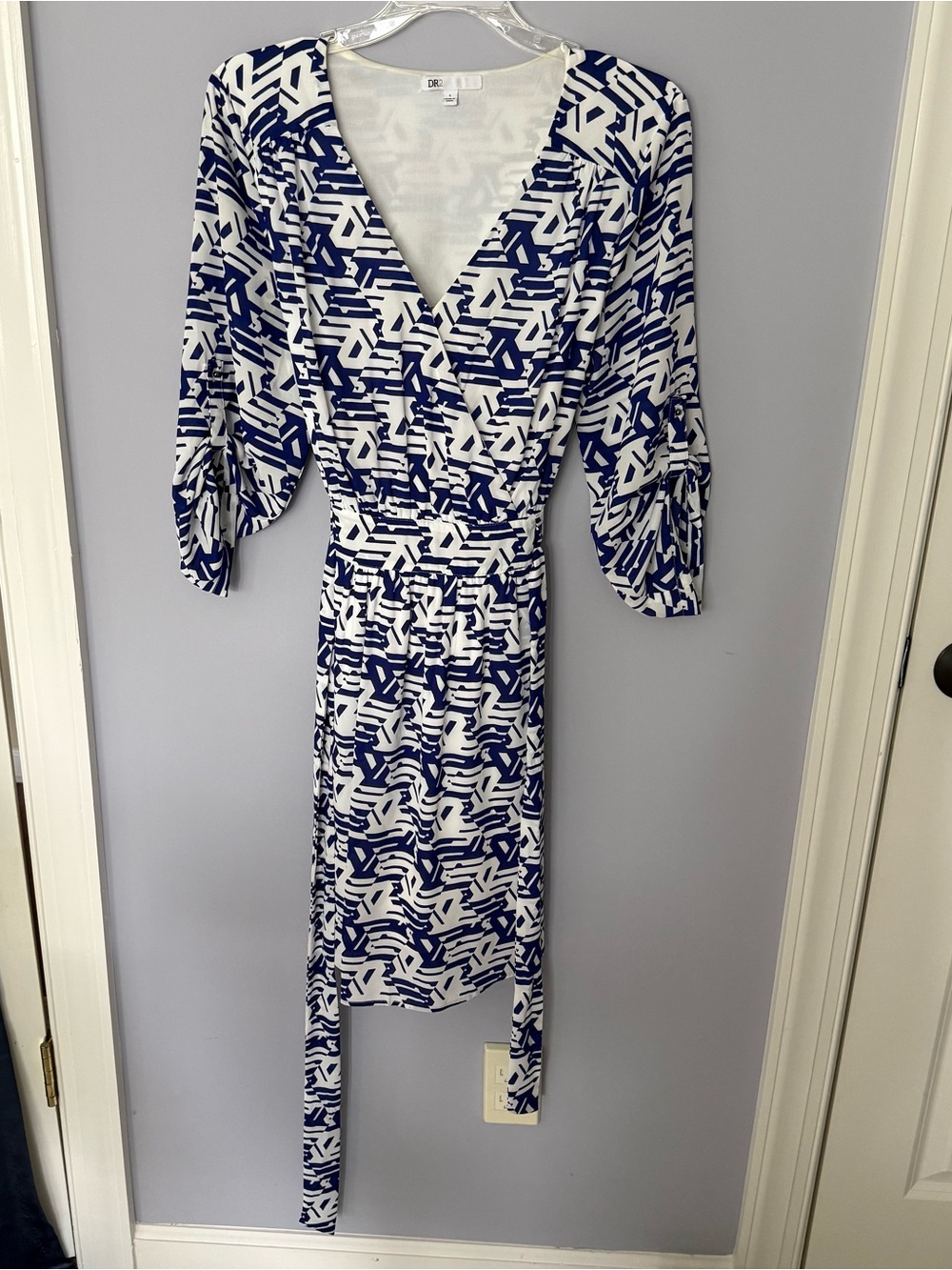DR2 Blue + White Geometric faux Wrap Dress with Waist Tie & pockets